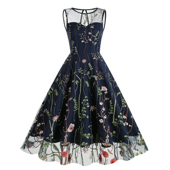 IBTOM CASTLE Women Vintage Dress 1950s Sleeveless Mesh Patchwork Cocktail Swing Dress Floral Embroidery Flare A-Line Dress Wedding Guest Evening Prom Gown S Navy Blue