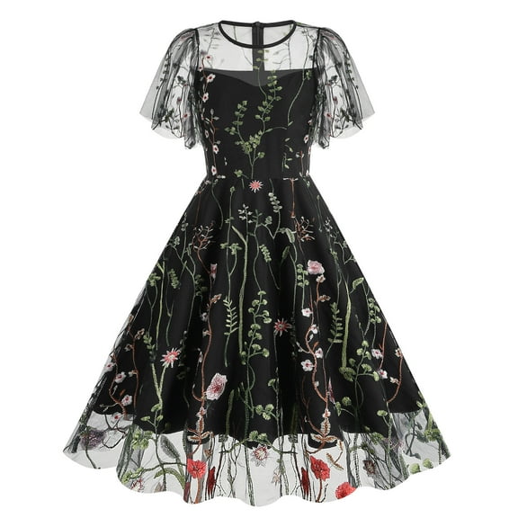 IBTOM CASTLE Women Vintage Dress 1950s Sleeveless Mesh Patchwork Cocktail Swing Dress Floral Embroidery Flare A-Line Dress Wedding Guest Evening Prom Gown S Black Ruffle