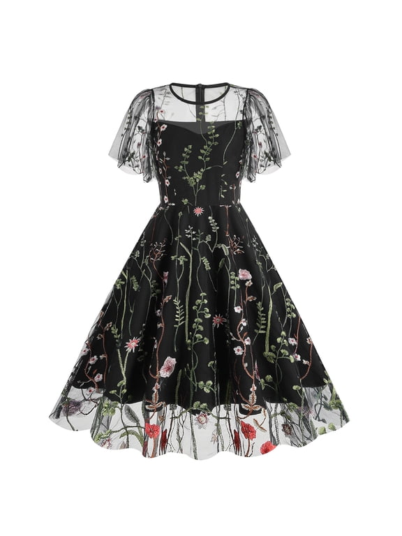 Women Vintage Dress 1950s Sleeveless Mesh Patchwork Cocktail Swing Dress Floral Embroidery Flare A-Line Dress Wedding Guest Evening Prom Gown S Black Ruffle