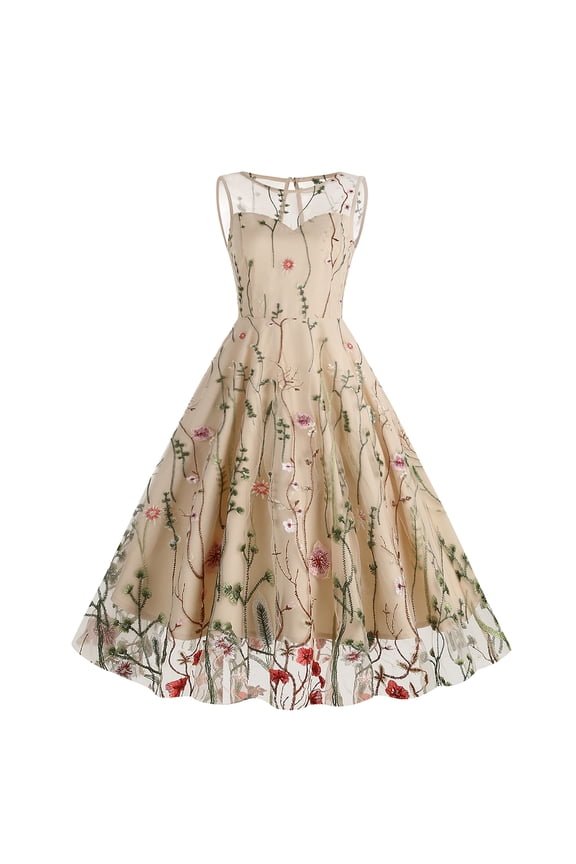 Women Vintage Dress 1950s Sleeveless Mesh Patchwork Cocktail Swing Dress Floral Embroidery Flare A-Line Dress Wedding Guest Evening Prom Gown XXL Apricot