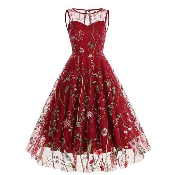 IBTOM CASTLE Women Vintage Dress 1950s Sleeveless Mesh Patchwork Cocktail Swing Dress Floral Embroidery Flare A-Line Dress Wedding Guest Evening Prom Gown M Red