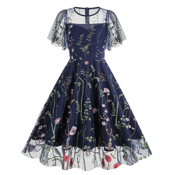 IBTOM CASTLE Women Vintage Dress 1950s Sleeveless Mesh Patchwork Cocktail Swing Dress Floral Embroidery Flare A-Line Dress Wedding Guest Evening Prom Gown L Navy Blue Ruffle