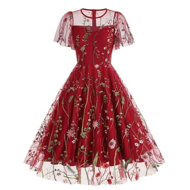 IBTOM CASTLE Women Vintage Dress 1950s Sleeveless Mesh Patchwork Cocktail Swing Dress Floral Embroidery Flare A-Line Dress Wedding Guest Evening Prom Gown L Red Ruffle