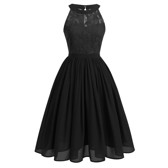 IBTOM CASTLE Women Vintage Floral Lace Chiffon Sleeveless Pleated Halter Short Bridesmaid Dress A Line Swing Party Cocktail Dress S Black