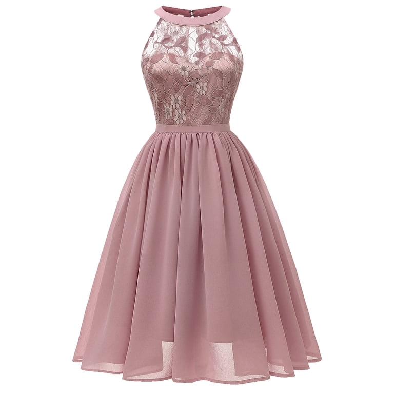 IBTOM Women's Floral Lace Chiffon Sleeveless Bridesmaid Dress, S Blush Pink 