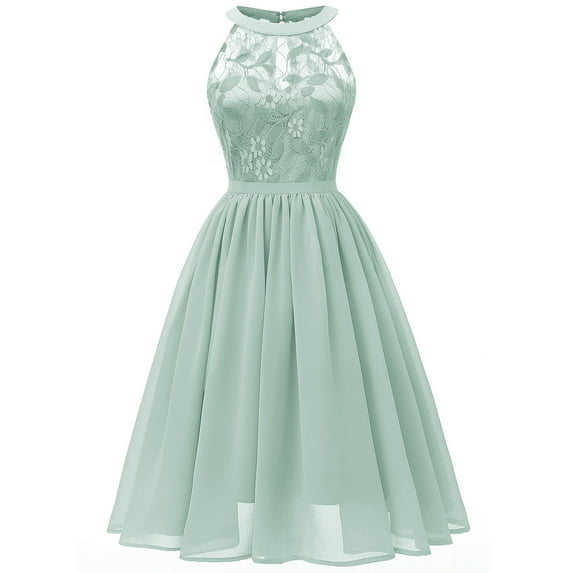 IBTOM CASTLE Women Vintage Floral Lace Chiffon Sleeveless Pleated Halter Short Bridesmaid Dress A Line Swing Party Cocktail Dress S Light Green