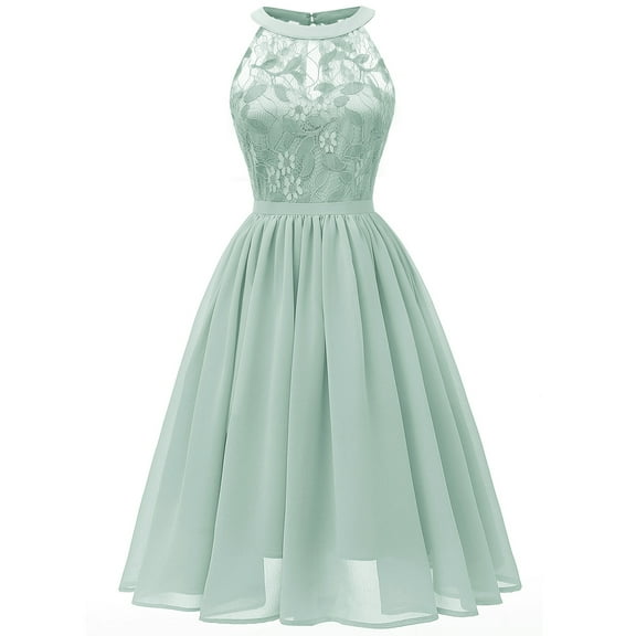 IBTOM CASTLE Women Vintage Floral Lace Chiffon Sleeveless Pleated Halter Short Bridesmaid Dress A Line Swing Party Cocktail Dress S Light Green