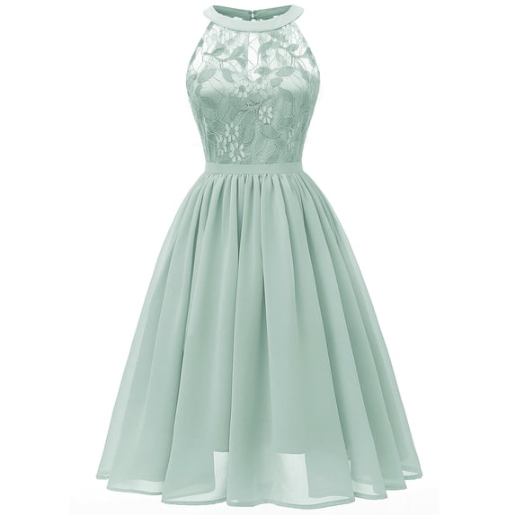 IBTOM CASTLE Women Vintage Floral Lace Chiffon Sleeveless Pleated Halter Short Bridesmaid Dress A Line Swing Party Cocktail Dress XXL Light Green