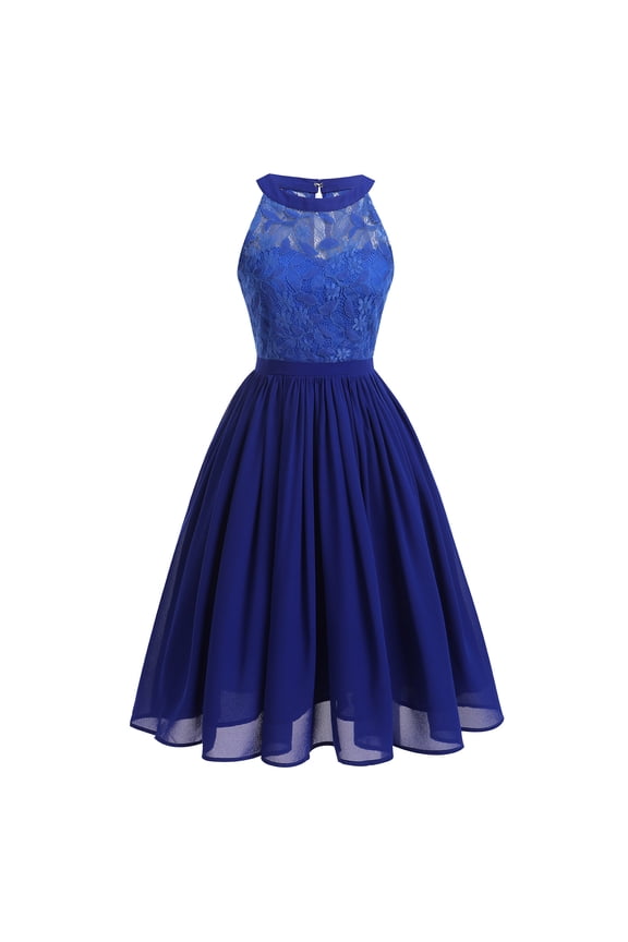 Women Vintage Floral Lace Chiffon Sleeveless Pleated Halter Short Bridesmaid Dress A Line Swing Party Cocktail Dress XXL Royal Blue