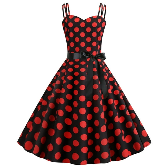 IBTOM CASTLE Women Vintage Polka Dots Spaghetti Strap Dress 1950s Rockabilly Cocktail Tea Party Homecoming Swing Dresses 2XL Red + Black