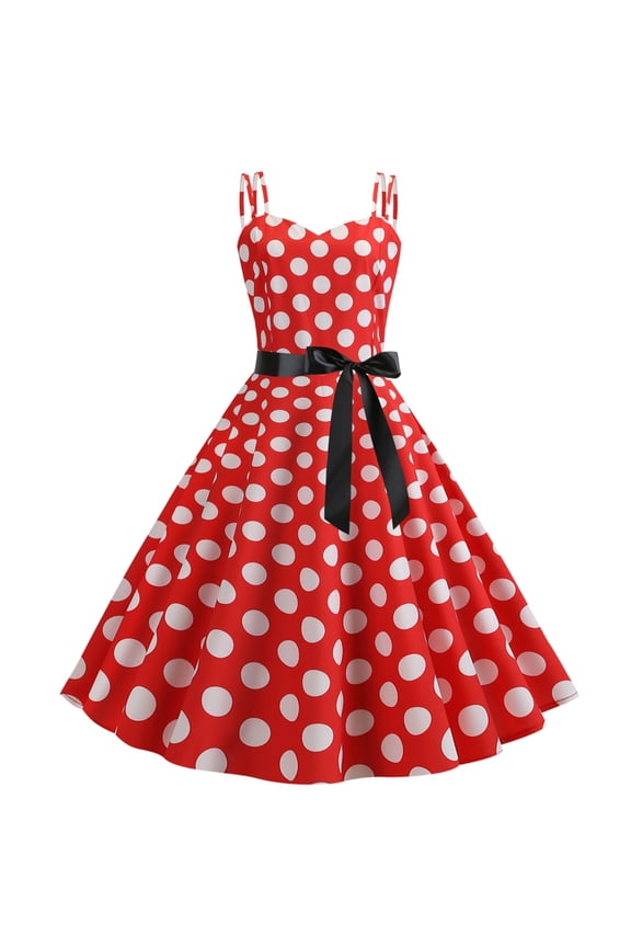 Women Vintage Polka Dots Spaghetti Strap Dress 1950s Rockabilly Cocktail Tea Party Homecoming Swing Dresses L Red