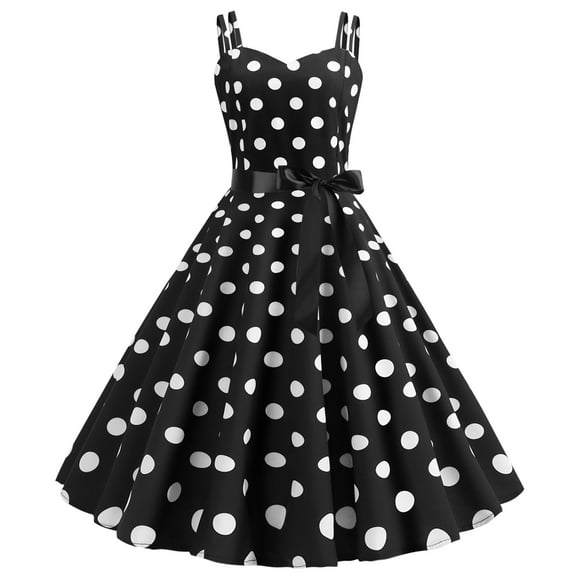 IBTOM CASTLE Women Vintage Polka Dots Spaghetti Strap Dress 1950s Rockabilly Cocktail Tea Party Homecoming Swing Dresses M Black