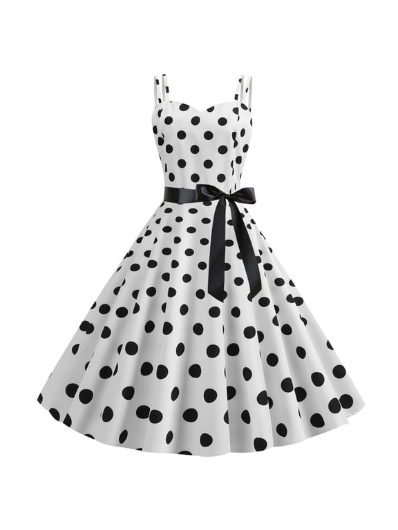 Women Vintage Polka Dots Spaghetti Strap Dress 1950s Rockabilly Cocktail Tea Party Homecoming Swing Dresses M White