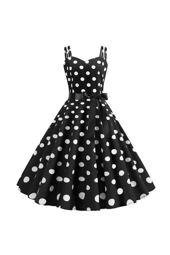 Women Vintage Polka Dots Spaghetti Strap Dress 1950s Rockabilly Cocktail Tea Party Homecoming Swing Dresses S Black