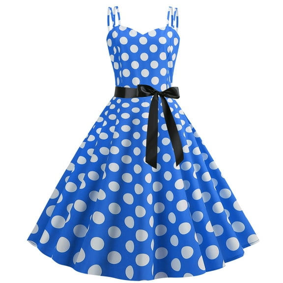 IBTOM CASTLE Women Vintage Polka Dots Spaghetti Strap Dress 1950s Rockabilly Cocktail Tea Party Homecoming Swing Dresses XL Blue