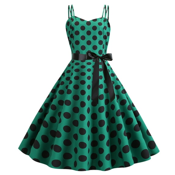 IBTOM CASTLE Women Vintage Polka Dots Spaghetti Strap Dress 1950s Rockabilly Cocktail Tea Party Homecoming Swing Dresses XL Green