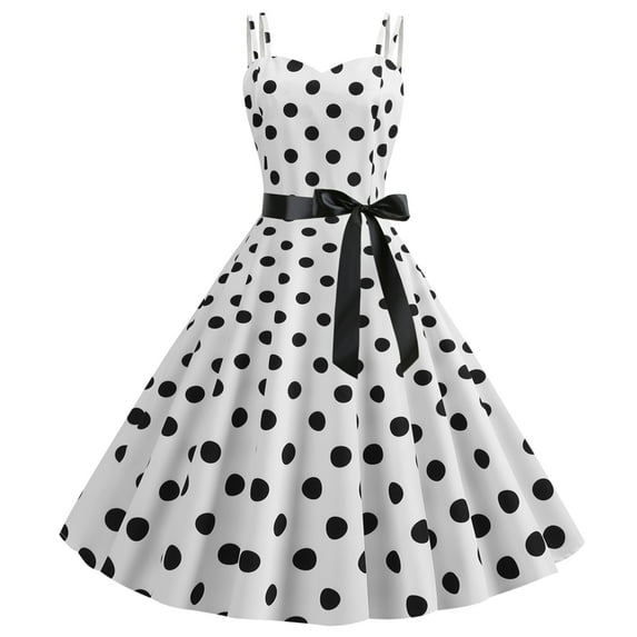 IBTOM CASTLE Women Vintage Polka Dots Spaghetti Strap Dress 1950s Rockabilly Cocktail Tea Party Homecoming Swing Dresses XL White