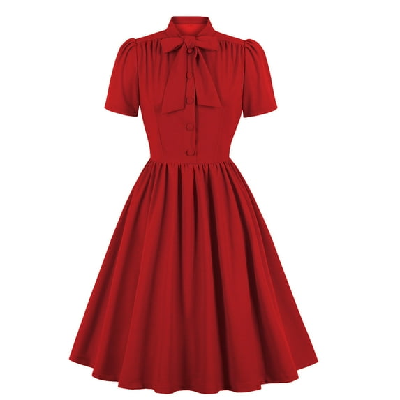 IBTOM CASTLE Women Vintage V Neck Ruffle Swing Dress 50s 60s Button up Rockabilly Prom Cocktail Party Midi Evening Dress L Red - Bowknot