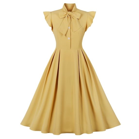 IBTOM CASTLE Women Vintage V Neck Ruffle Swing Dress 50s 60s Button up Rockabilly Prom Cocktail Party Midi Evening Dress M Yellow