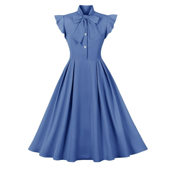 IBTOM CASTLE Women Vintage V Neck Ruffle Swing Dress 50s 60s Button up Rockabilly Prom Cocktail Party Midi Evening Dress XXL Blue