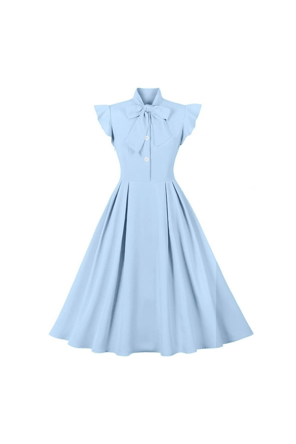 Women Vintage V Neck Ruffle Swing Dress 50s 60s Button up Rockabilly Prom Cocktail Party Midi Evening Dress XXL Light Blue