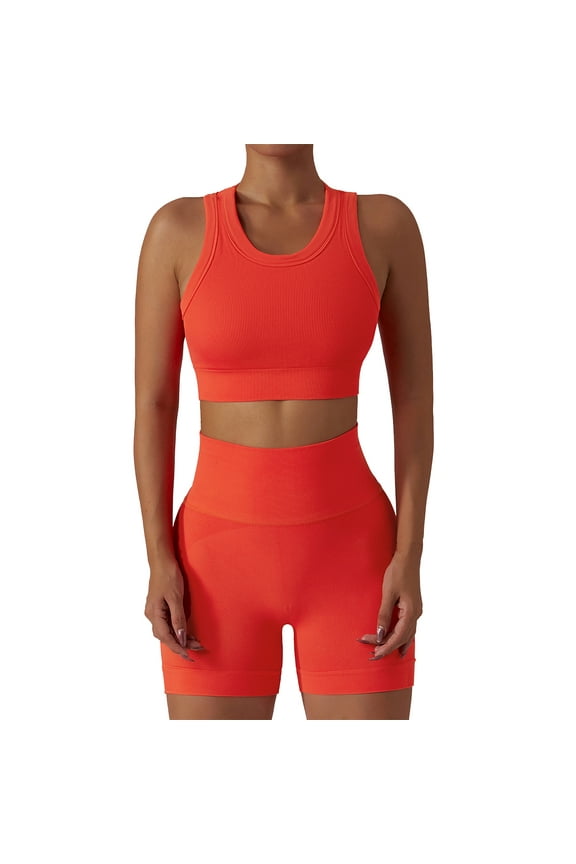 Women Workout Sets 2 Piece Seamless Ribbed Tank Top Sport Bra + High Waist Biker Shorts Gym Yoga Exercise Outfits M Orange