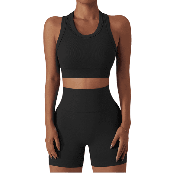 IBTOM CASTLE Women Workout Sets 2 Piece Seamless Ribbed Tank Top Sport Bra + High Waist Biker Shorts Gym Yoga Exercise Outfits S Black