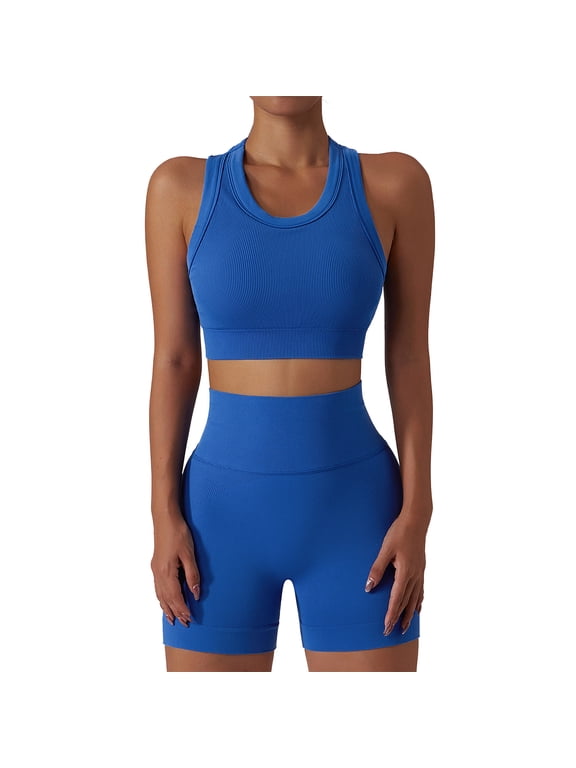 Women Workout Sets 2 Piece Seamless Ribbed Tank Top Sport Bra + High Waist Biker Shorts Gym Yoga Exercise Outfits S Blue