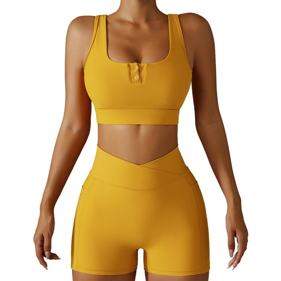 IBTOM CASTLE Women Workout Sets 2 Piece Seamless Ribbed Tank Top Sport Bra + High Waist Biker Shorts Gym Yoga Exercise Outfits XL Yellow-Square Neck