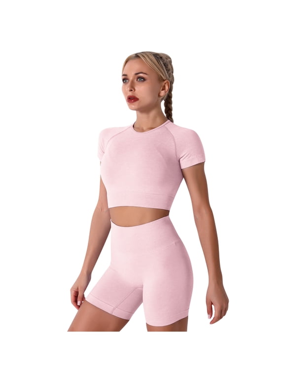 Women Workout Sets Yoga Outfits, Short Sleeve Crop Top + High Waisted Running Short Pants Gym Clothes Tracksuit, 2-Piece L Pink