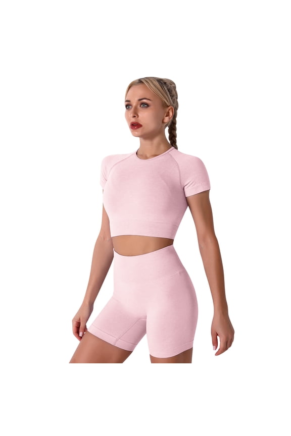 Women Workout Sets Yoga Outfits, Short Sleeve Crop Top + High Waisted Running Short Pants Gym Clothes Tracksuit, 2-Piece L Pink
