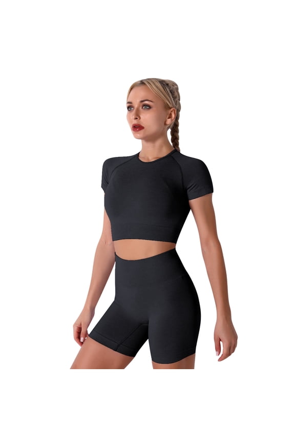 Women Workout Sets Yoga Outfits, Short Sleeve Crop Top + High Waisted Running Short Pants Gym Clothes Tracksuit, 2-Piece M Black