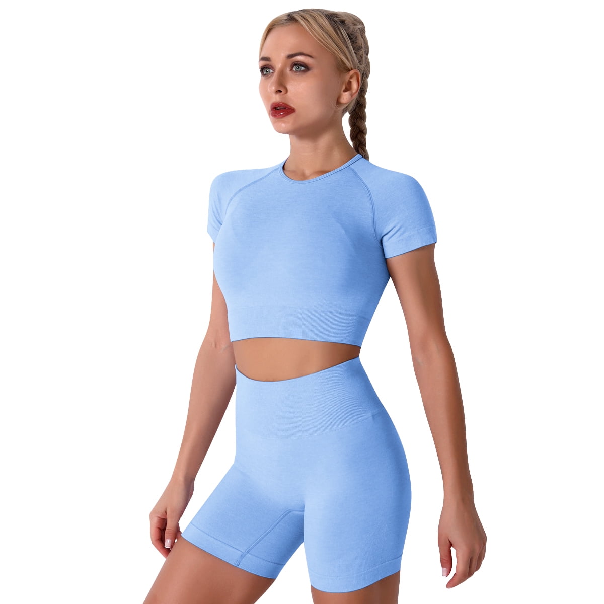 IBTOM CASTLE Women Workout Sets Yoga Outfits, Short Sleeve Crop Top + High  Waisted Running Short Pants Gym Clothes Tracksuit, 2-Piece M Light Blue