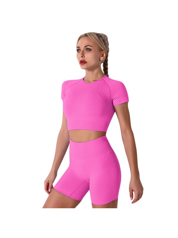 Women Workout Sets Yoga Outfits, Short Sleeve Crop Top + High Waisted Running Short Pants Gym Clothes Tracksuit, 2-Piece S Hot Pink