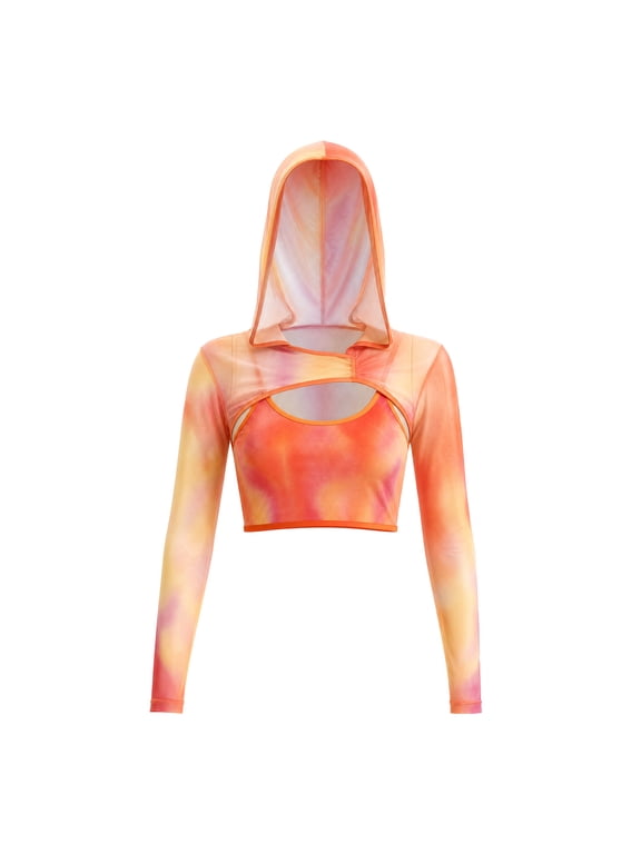 Women Y2K Mesh Top Long Sleeve Hooded Tie-Dye Crop Mesh Long Sleeve Hooded Crop Top , Perfect For Music Festivals, Raves And Party Costumes 紫橙色
