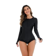 IBTOM CASTLE Women Zipper Rash Guard Boyleg Padded Swimsuit Sun Protection Surfing Bathing Suit Wetsuit One Piece Athletic Swimwear L Black