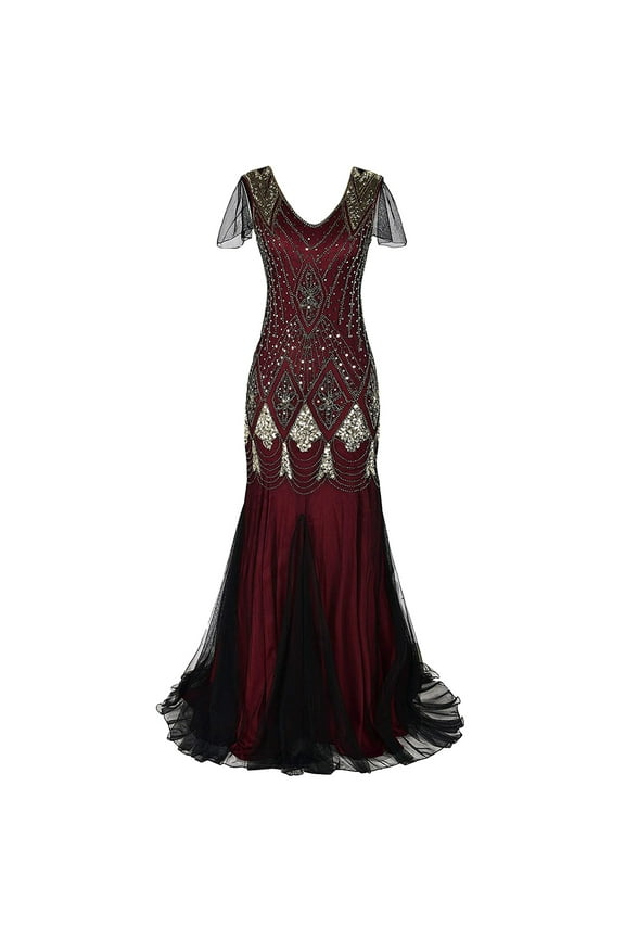 Women's 1920s Flapper Dress Vintage Great Gatsby Party Sequin Maxi Evening Cocktail Dresses L Burgundy + Gold