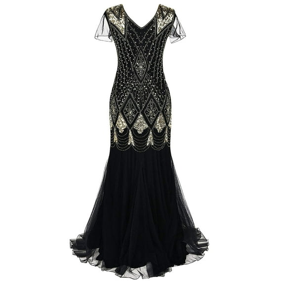 IBTOM CASTLE Women's 1920s Flapper Dress Vintage Great Gatsby Party Sequin Maxi Evening Cocktail Dresses M Black + Gold