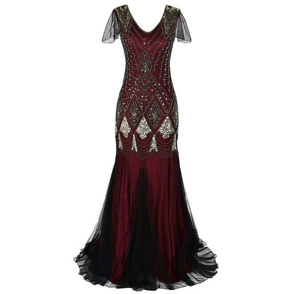 IBTOM CASTLE Women's 1920s Flapper Dress Vintage Great Gatsby Party Sequin Maxi Evening Cocktail Dresses S Burgundy + Gold