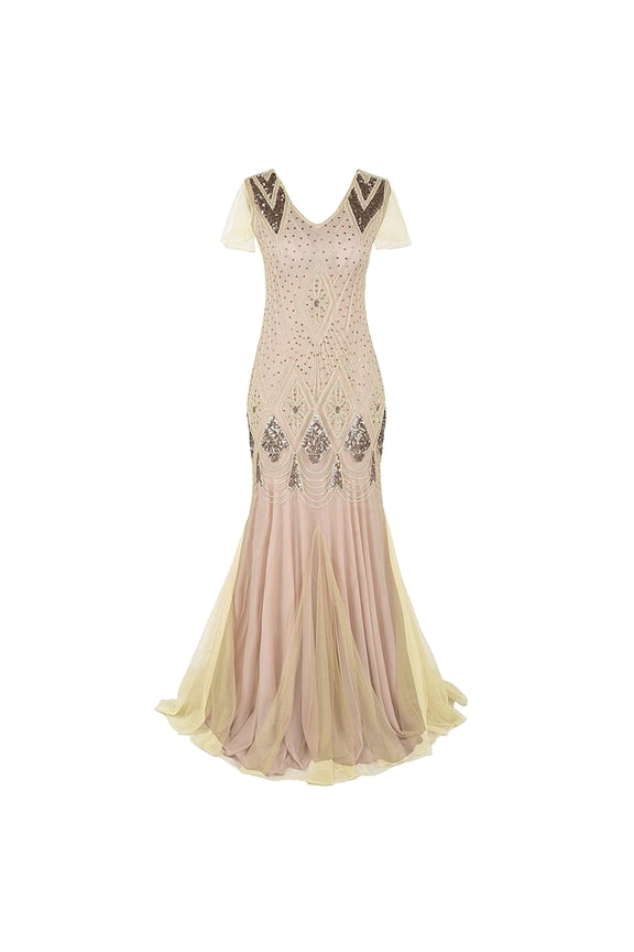 Women's 1920s Flapper Dress Vintage Great Gatsby Party Sequin Maxi Evening Cocktail Dresses XL Apricot + Gold