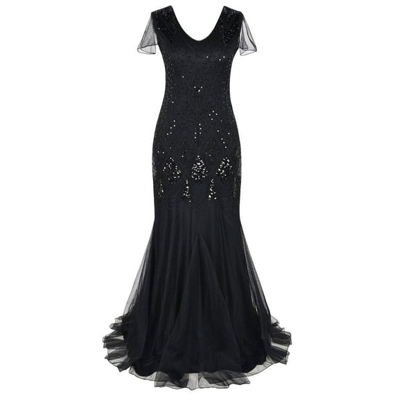 IBTOM CASTLE Women's 1920s Flapper Dress Vintage Great Gatsby Party Sequin Maxi Evening Cocktail Dresses XL Black