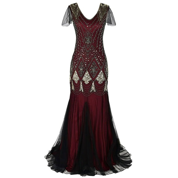IBTOM CASTLE Women's 1920s Flapper Dress Vintage Great Gatsby Party Sequin Maxi Evening Cocktail Dresses XL Burgundy + Gold