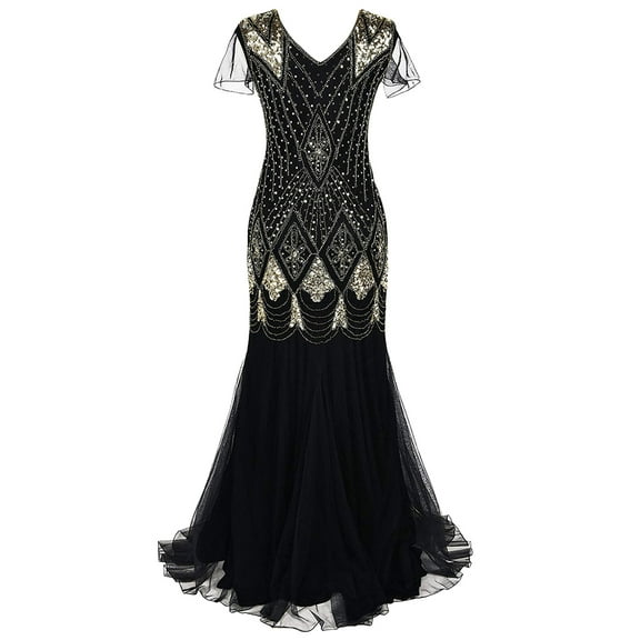 IBTOM CASTLE Women's 1920s Flapper Dress Vintage Great Gatsby Party Sequin Maxi Evening Cocktail Dresses XXL Black   Gold