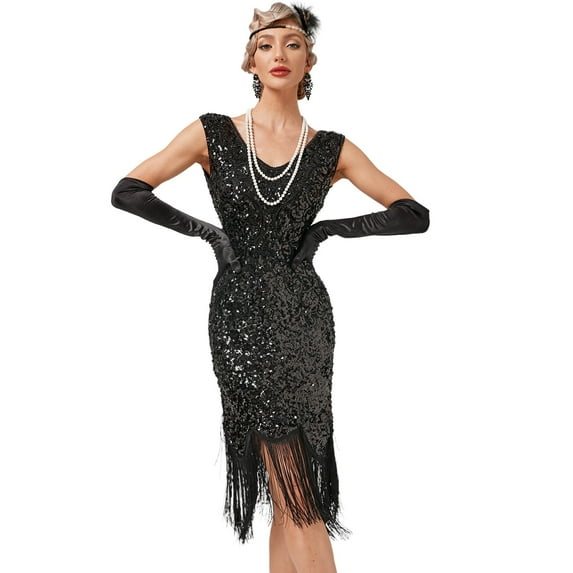 IBTOM CASTLE Women’s 1920s Vintage Flapper Dress Gatsby Sequins Fringe Tassels Dresses Wedding Party Cocktail Evening Gown 3XL Black