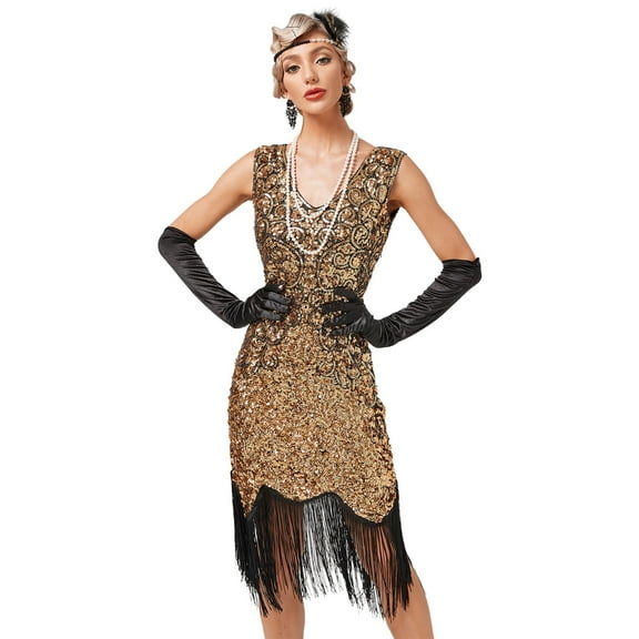 IBTOM CASTLE Women’s 1920s Vintage Flapper Dress Gatsby Sequins Fringe Tassels Dresses Wedding Party Cocktail Evening Gown M Gold - Sequin