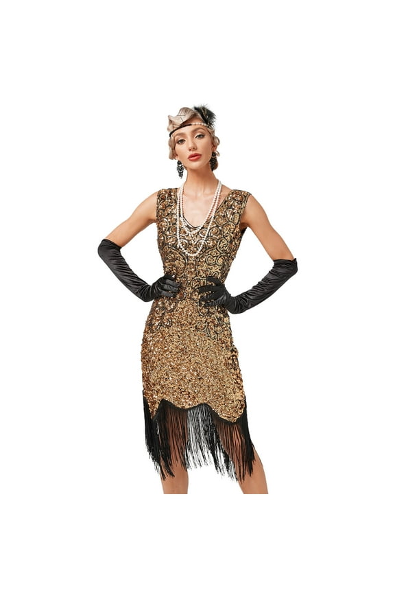 Women’s 1920s Vintage Flapper Dress Gatsby Sequins Fringe Tassels Dresses Wedding Party Cocktail Evening Gown M Gold - Sequin