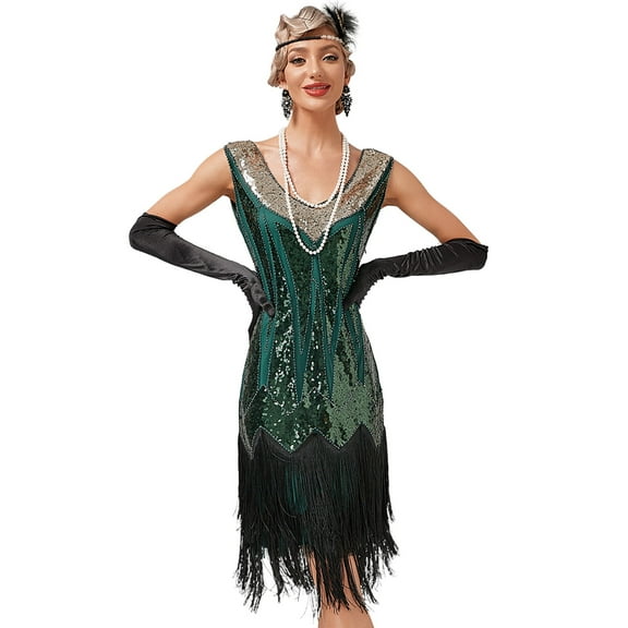 IBTOM CASTLE Women’s 1920s Vintage Flapper Dress Gatsby Sequins Fringe Tassels Dresses Wedding Party Cocktail Evening Gown S Green - Sequin