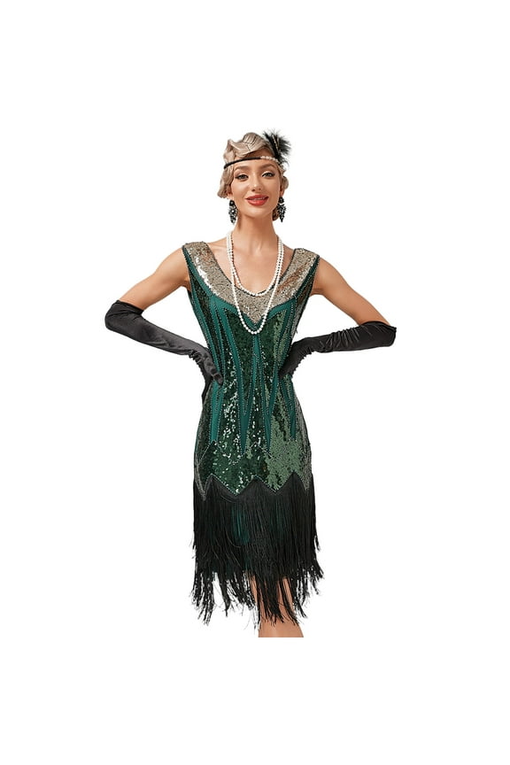 Women’s 1920s Vintage Flapper Dress Gatsby Sequins Fringe Tassels Dresses Wedding Party Cocktail Evening Gown S Green - Sequin