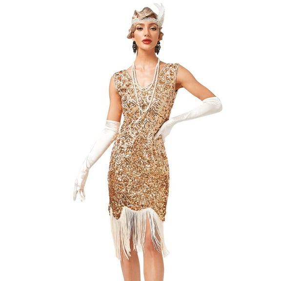 IBTOM CASTLE Women’s 1920s Vintage Flapper Dress Gatsby Sequins Fringe Tassels Dresses Wedding Party Cocktail Evening Gown XS Gold
