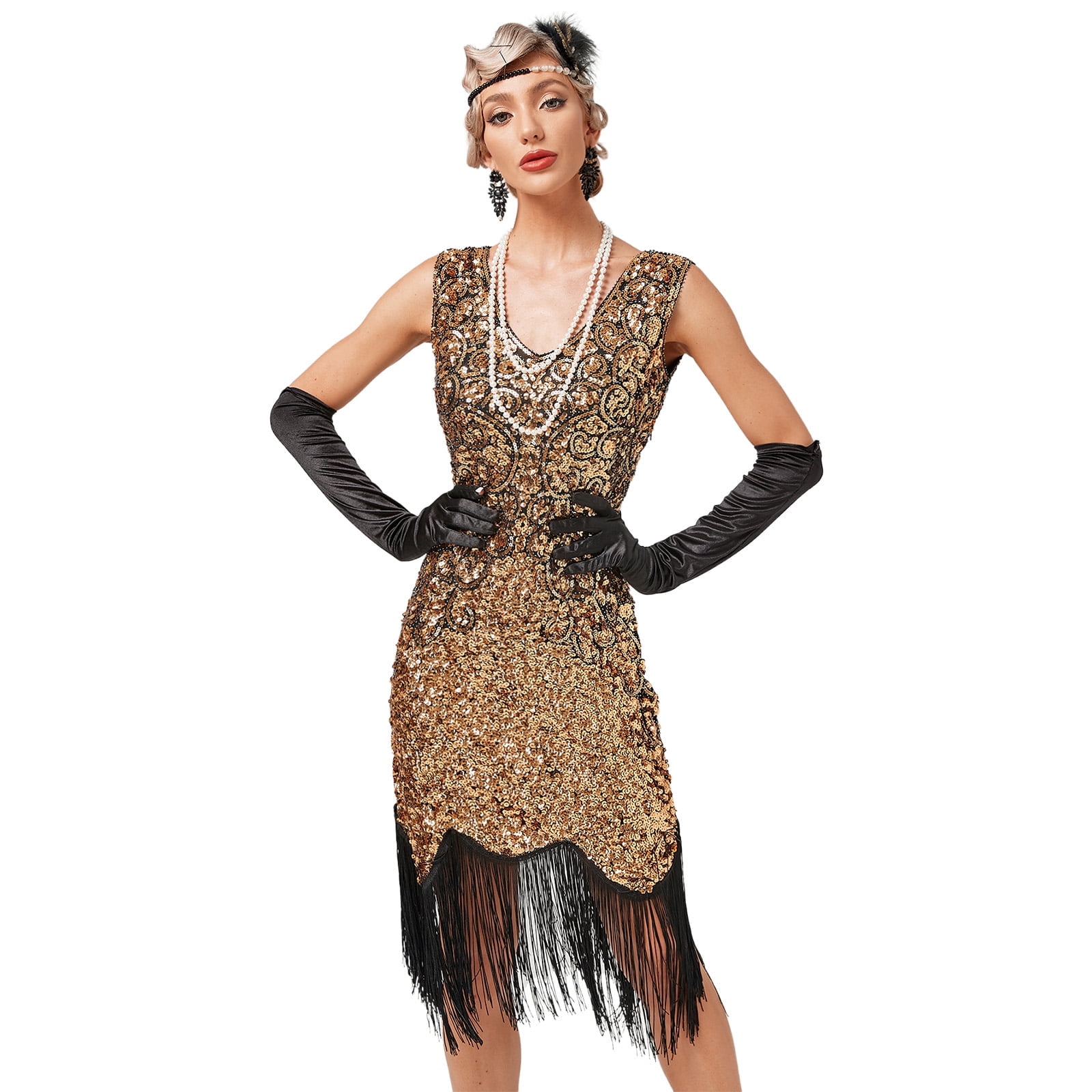 Women's 1920s Flapper Fringe Gatsby Dress - Sequin Maxi Evening Gown In Apricot & Gold, 2XL - View #9